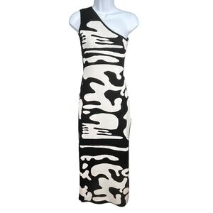 Micas Women One Shoulder Black White Abstract Knit Bodycon Maxi Dress Slit Small
